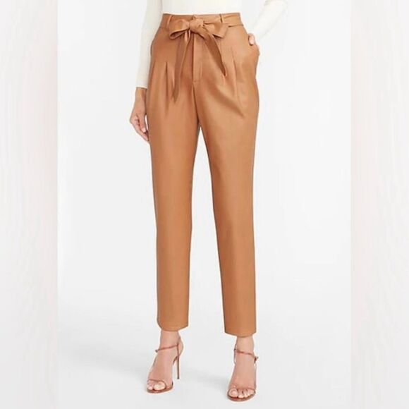 EXPRESS Super High Waisted Faux Leather Belted Camel Vegan Ankle Pant Size XS - Picture 1 of 13